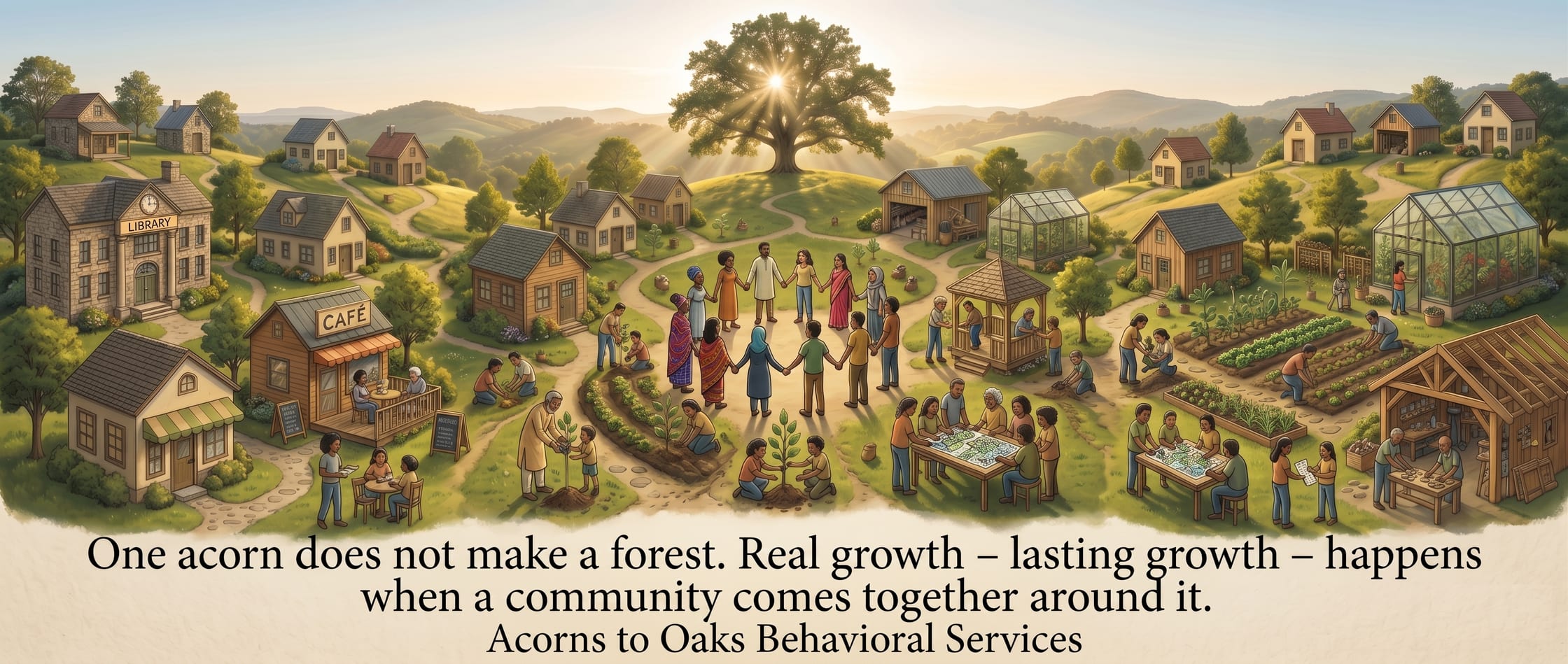 One acorn does not make a forest. Real, lasting growth happens when a community comes together around it. — Acorns to Oaks Behavioral Services