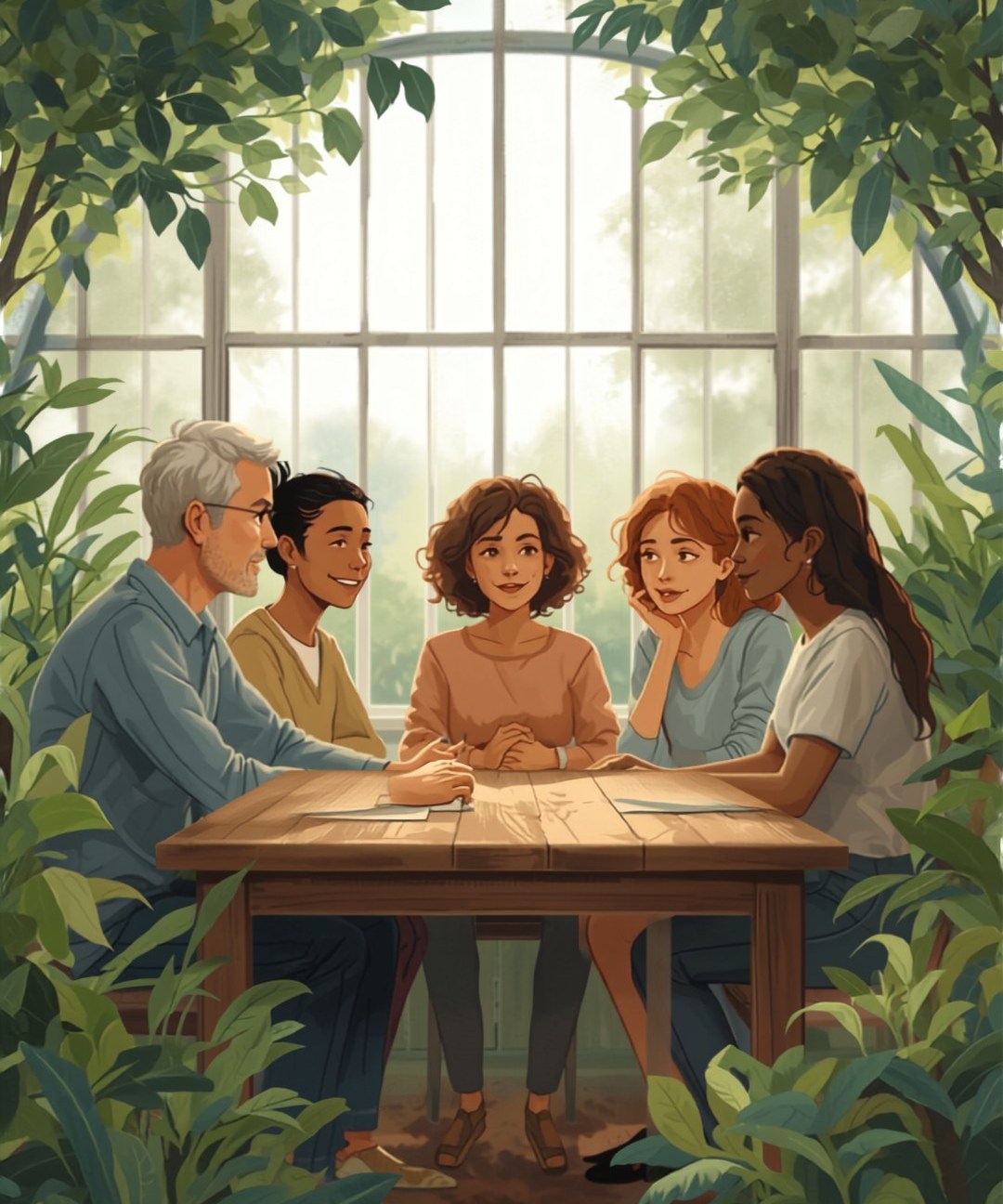 Caregivers and a behavior technician talking together around a table
