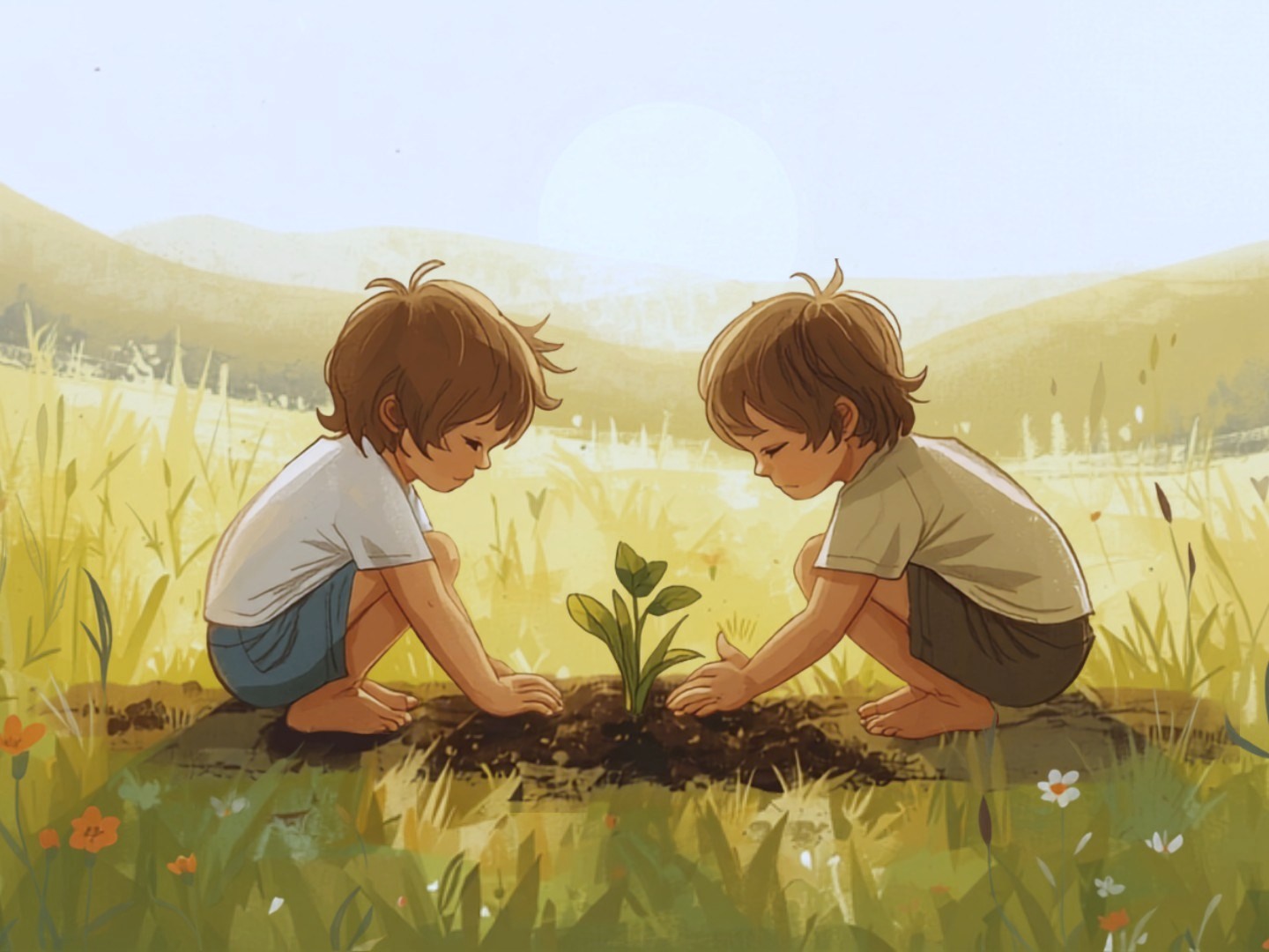 Two children planting a seedling together