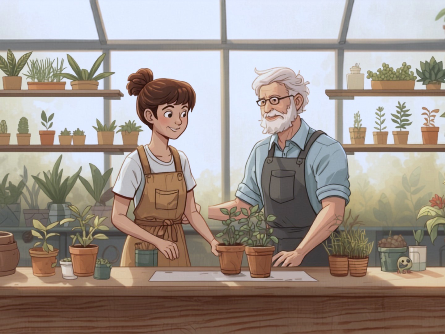 A young adult and a supportive mentor tending potted plants at a garden shop counter