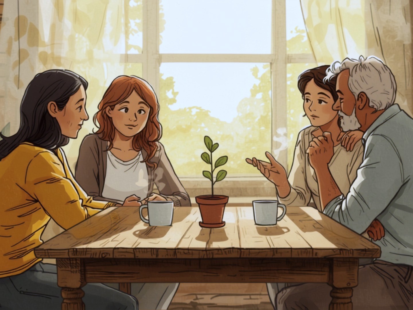Caregivers and a behavior technician talking around a table