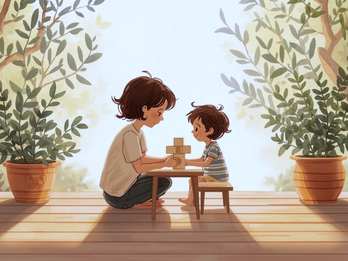 A caregiver and child learning together at a small table