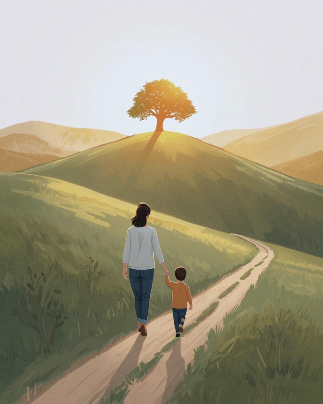 A caregiver and child walking a winding path toward an oak tree on a sunlit hill