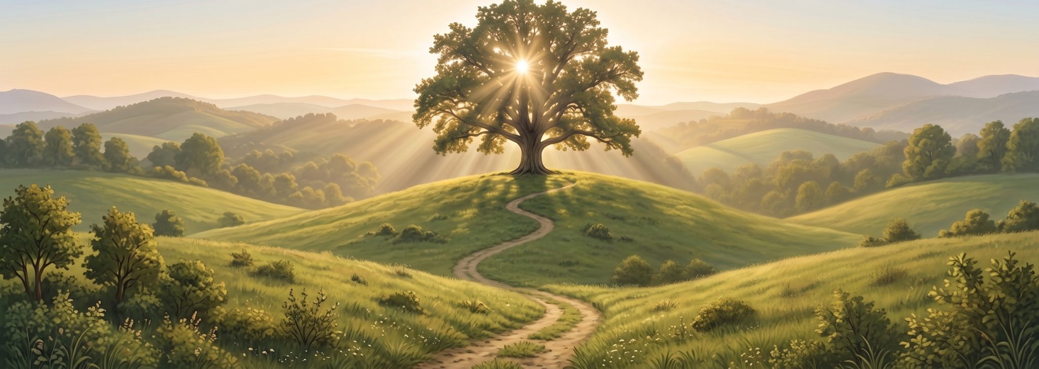 A lone oak tree on a sunlit hilltop at sunrise, with a winding path that runs toward it through rolling green hills
